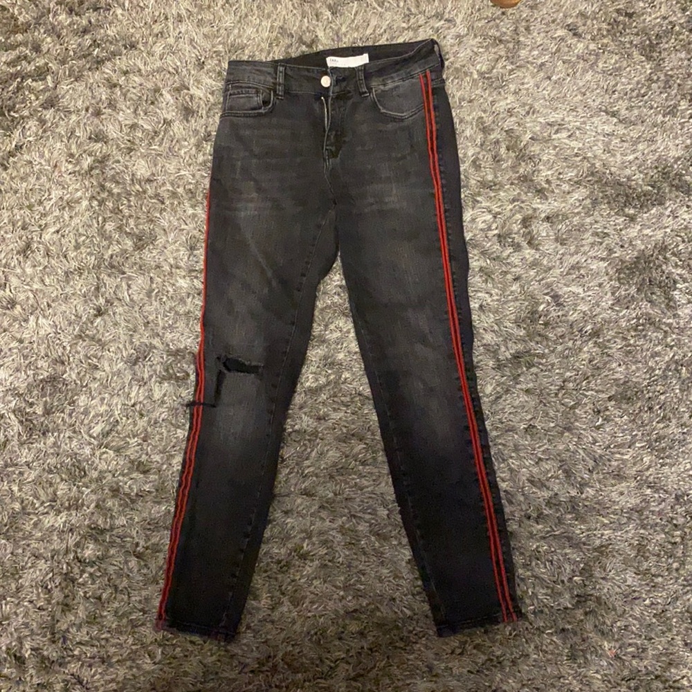 Zara black jeans with red stripe